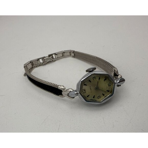 Vintage Timex Womens 6" Hexagonal Watch With Silver-Tone Mesh Band & Black Accen - Picture 1 of 4